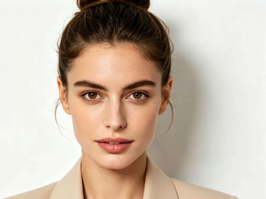 Indoor soft light ID photo-style bust portrait of the same European woman, modified with AI Eye Color Changer to soft hazel amber eyes, maintaining the formal feel of the ID photo, with even and natural eye color, clear iris texture, no color breaks, matching the original soft light environment, fitting the overall neat style, 4:3 aspect ratio portrait photography