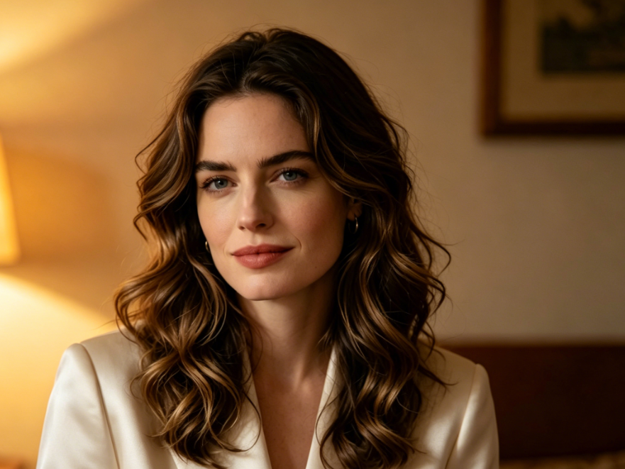 Indoor warm-lit half-body portrait of the same woman with wavy brown hair, wearing an ivory satin suit, the suit naturally blending with the original warm lighting, with soft and natural edges, elegant and mature style, 4:3 aspect ratio