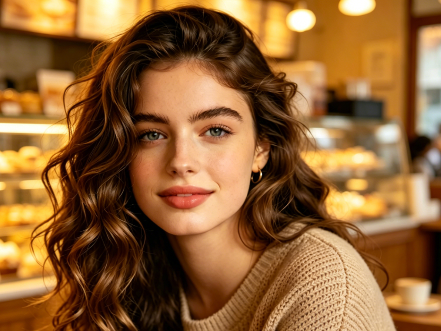 Bust portrait of a young European woman in a warm-lit dessert shop, wavy hair, wearing a casual knit top, sweet expression, soft and warm background