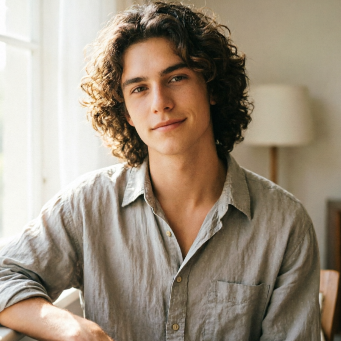 Indoor half-body portrait of a European teen boy with AI Yearbook Filter applied, vintage literary school yearbook style, soft warm film tone, diffused window light effect, curly medium-length hairstyle, linen shirt outfit, simple home background, calm and literary vibe
