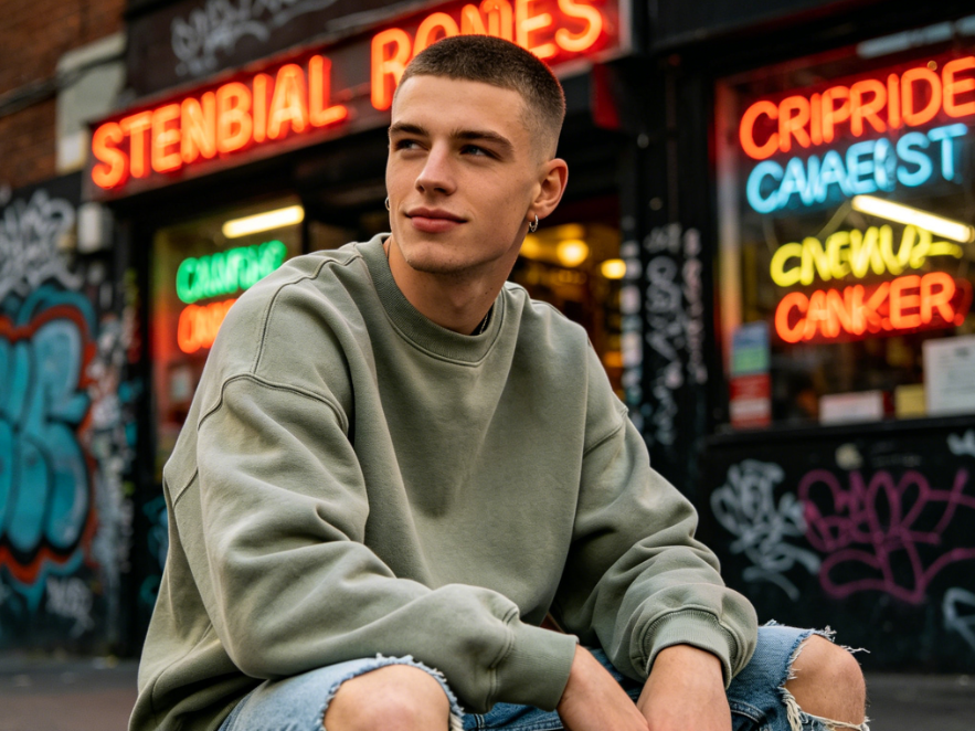 4:3 portrait of a young European man on a city street, with a neat buzz cut, wearing a sage green sweatshirt and ripped jeans, with neon signs and graffiti walls in the background, looking casual.