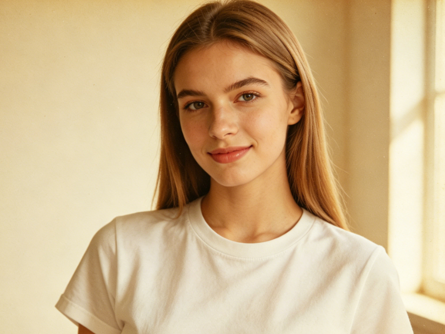 Portrait of a young European woman in indoor natural light, with AI Yearbook Filter applied, 90s American high school yearbook style, warm yellow vintage film tone, subtle grain texture, classic yearbook upright pose, simple campus outfit, full nostalgic atmosphere, 4:3 aspect ratio portrait photography