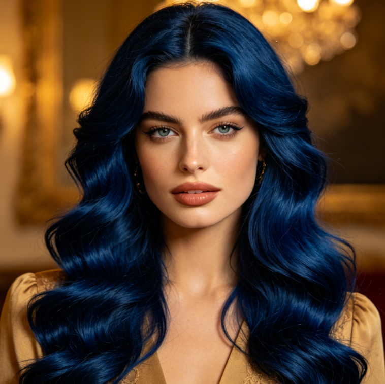 portrait of a European woman in a luxury indoor setting, wearing a vintage gold top, with rich solid deep ocean blue wavy long hair, natural hair shine, warm lighting creating a retro elegant atmosphere.