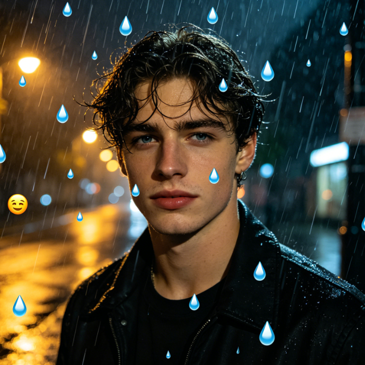Bust portrait of a moody European man under streetlights on a rainy night, wet hair, black leather jacket, serious expression, modified with Add Emoji to Photo to add raindrop emojis scattered across the image, semi-transparent effect simulating rain, naturally blending with streetlight shadows, full atmosphere