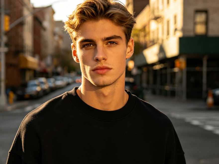 Outdoor street-style bust portrait of a young European man, with dark brown eyes, side backlight, light brown short hair, wearing an oversized black sweatshirt, against a city street background, with clear pupil details, 4:3 aspect ratio portrait photography