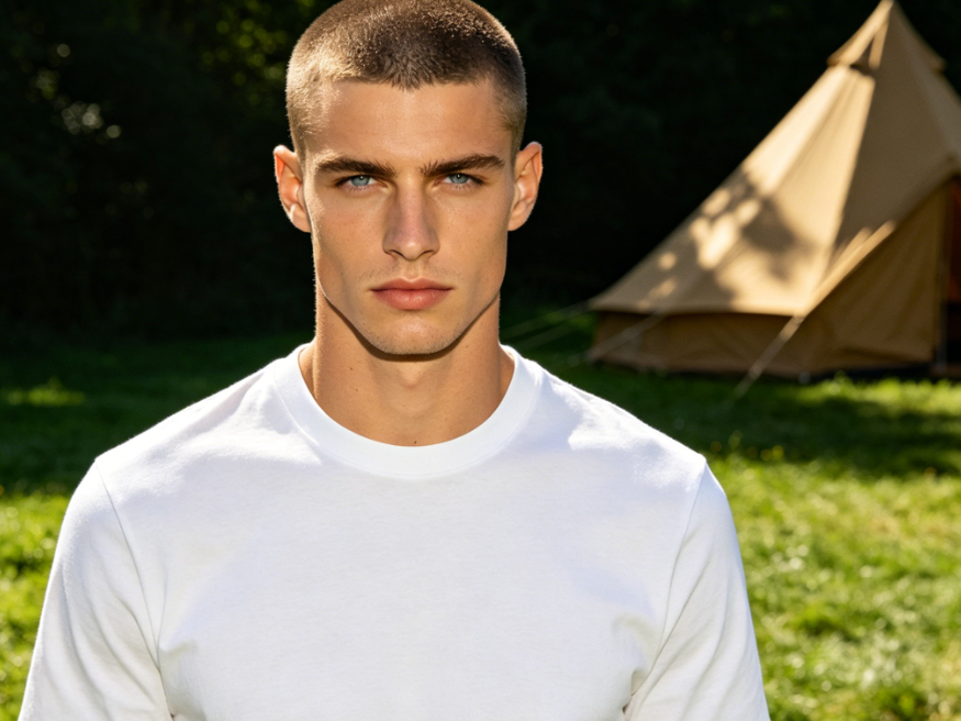 Bust portrait of a young European man in an outdoor campsite under natural daylight, buzz cut hairstyle, wearing a basic white crew-neck T-shirt, upright posture, background with grass and tents, 4:3 aspect ratio portrait photography