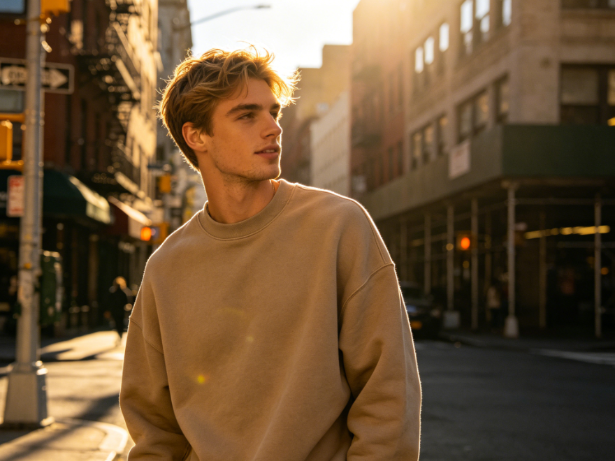 Outdoor bust portrait of a young European man under side backlight on a city street, light brown short hair, wearing an oversized light beige sweatshirt, casual posture, background with red brick buildings at sunset, 4:3 aspect ratio portrait photography
