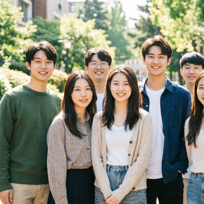 Group photo of young Asian students on a campus, wearing casual outfits, green trees and buildings in the background, even fine film grain added, fresh retro campus film style, bright and natural overall atmosphere