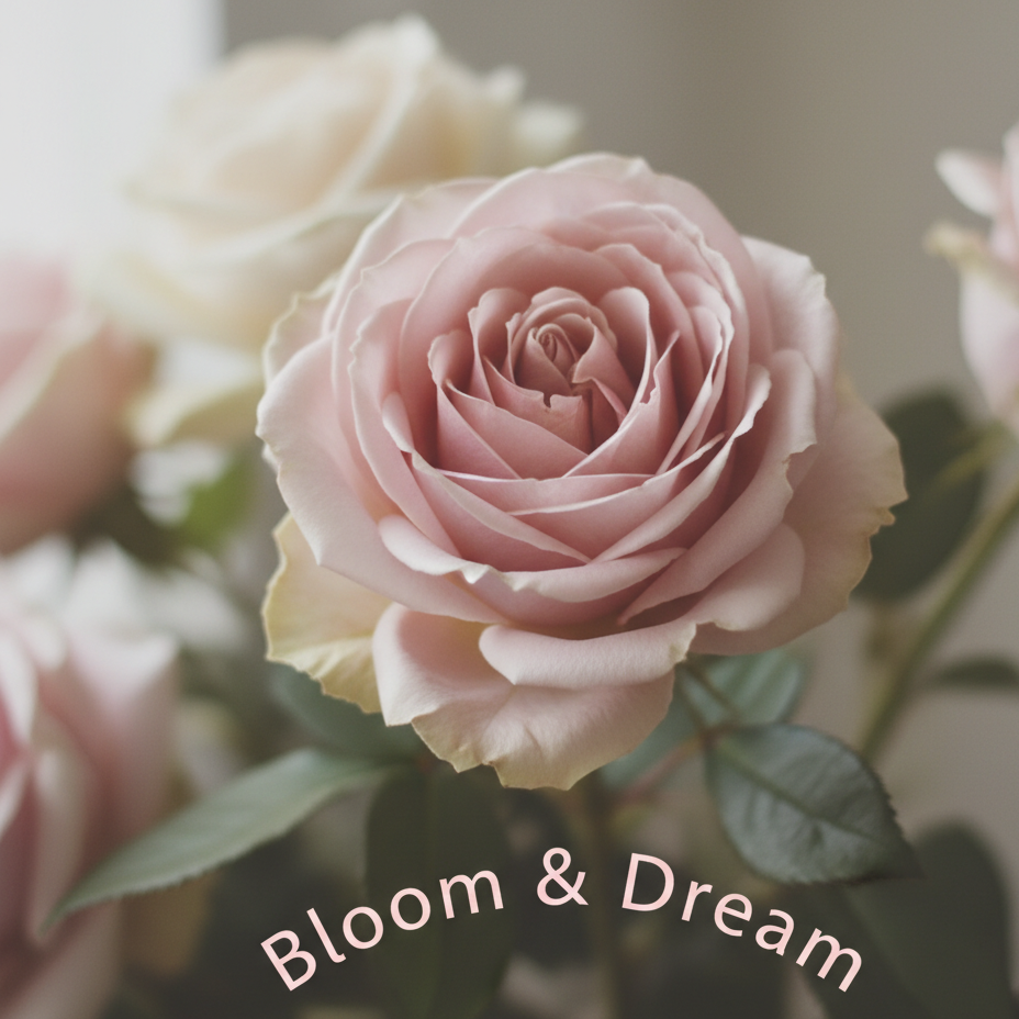 Close-up photo of a pink rose indoors, soft low-saturation rose with blurred background highlighting the subject, curved light pink text "Bloom & Dream" added at the bottom with a soft and slender font, matching the fresh floral style