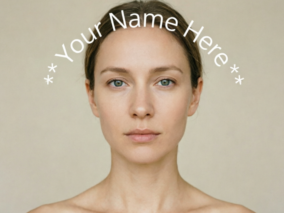 The same portrait photo with curved thin white text " Your Name Here **" added at the top, evenly arranged along the upper edge of the circular avatar, simple and elegant style, not obscuring the face, suitable for avatar display, 4:3 aspect ratio