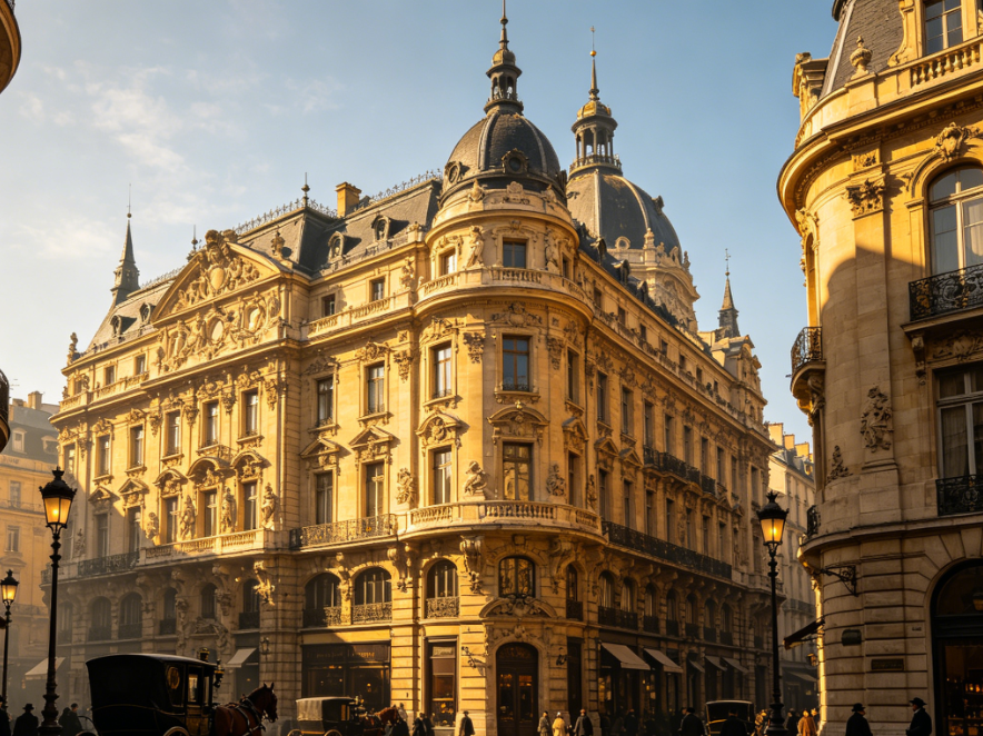 Photorealistic European city street scene, Parisian-style Baroque architecture, warm sunny light, intricate architectural details, vintage carriages and pedestrians in the street, bright and clear overall image, 4:3 aspect ratio