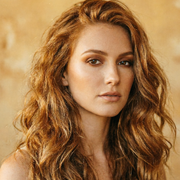 Close-up portrait of a European woman, AI ginger hair filter applied, hair color changed to transparent orange-brown ginger, natural light and shadow gradient on big waves under warm light, light and flowing hair strands, fresh and soft overall style