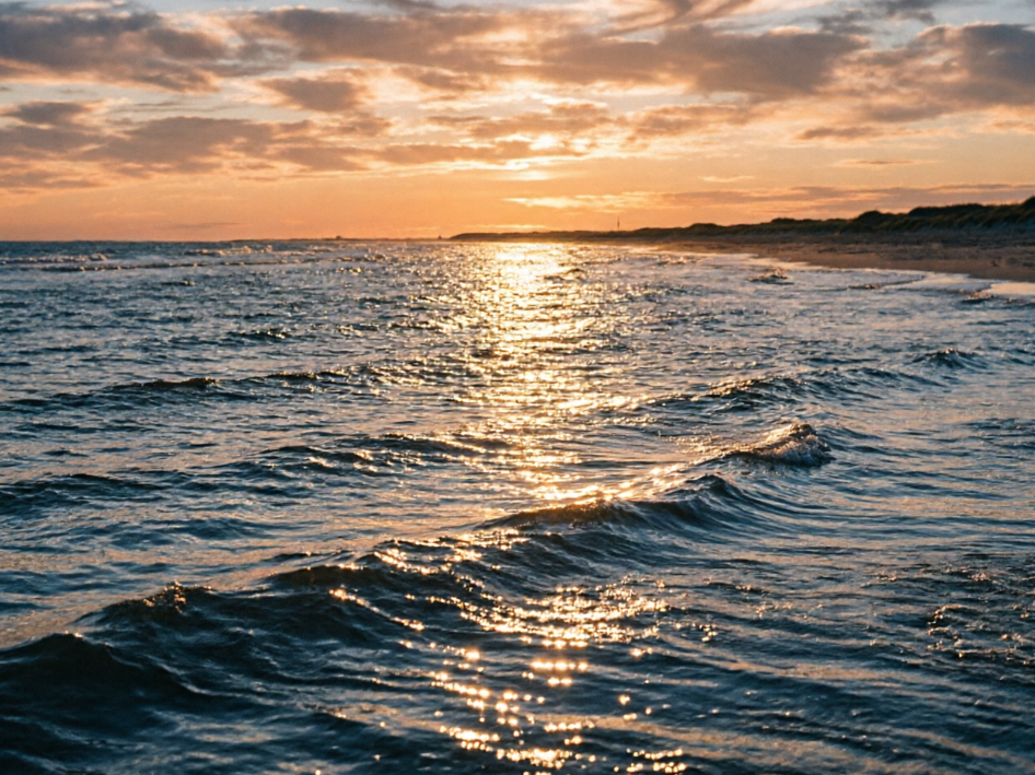 Photorealistic sunset beach photo, sparkling sea under the setting sun, low-saturation tones, full of atmosphere, open image without text, 4:3 aspect ratio