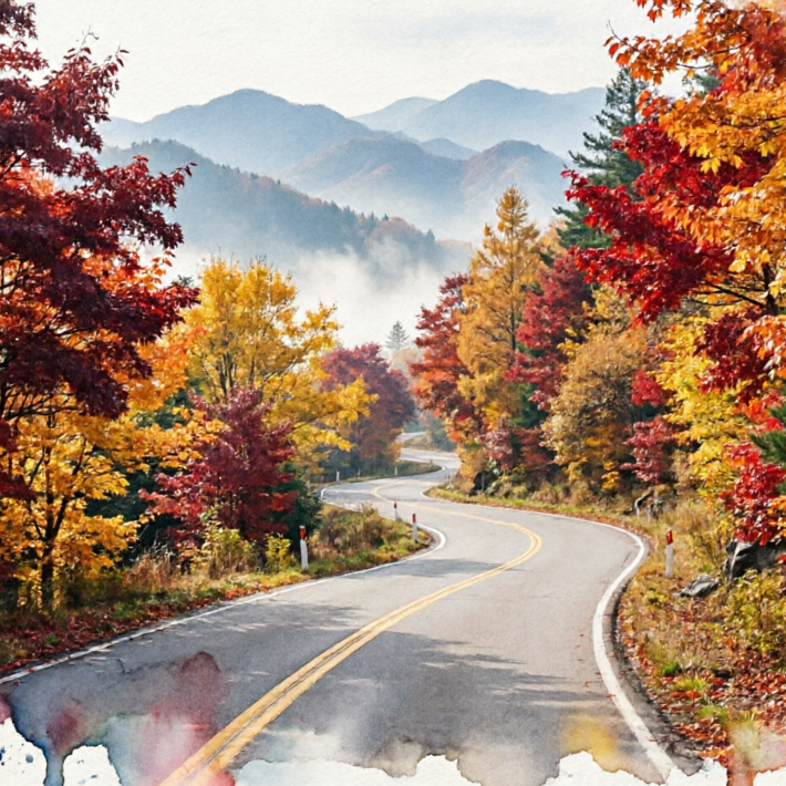 Watercolor landscape painting of an autumn mountain road, winding asphalt road surrounded by red-leaf forests, mist-shrouded mountains in the distance, painted with transparent watercolor wet wash technique, rich color layers, natural watercolor paper texture, retro and artistic texture
