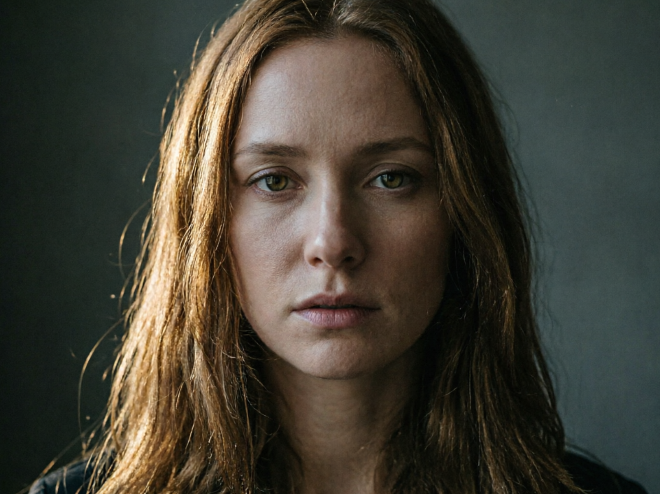 Close-up emotional portrait of a European woman in low-key lighting, shot with indoor side light, dark brown original hair color, strong low-saturation atmosphere, looking directly at the camera, photorealistic style, 4:3 aspect ratio