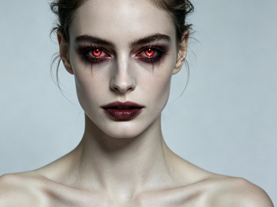 The same studio portrait with AI Demon Eye filter. Eyes transformed into blood-red demon eyes with dark patterns, paired with dark makeup and blood-like tear streaks, conveying a sinister and dark atmosphere, 4:3 aspect ratio