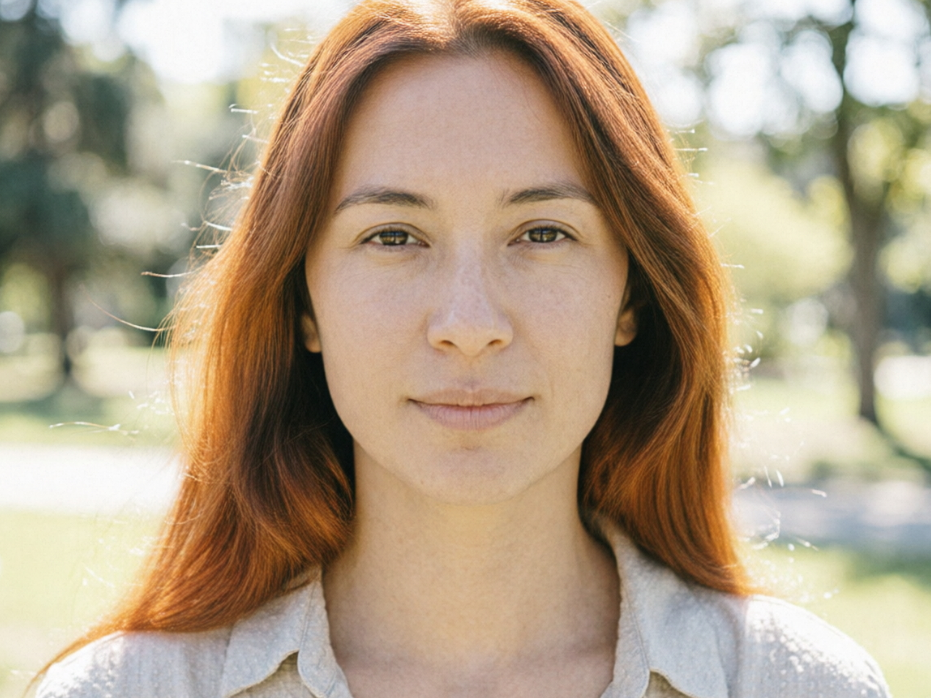 The same outdoor portrait with AI orange-brown ginger hair filter applied, hair color changed to transparent warm orange ginger, natural highlights on hair in sunlight, matching the fresh outdoor scene, soft and non-exaggerated colors, 4:3 aspect ratio