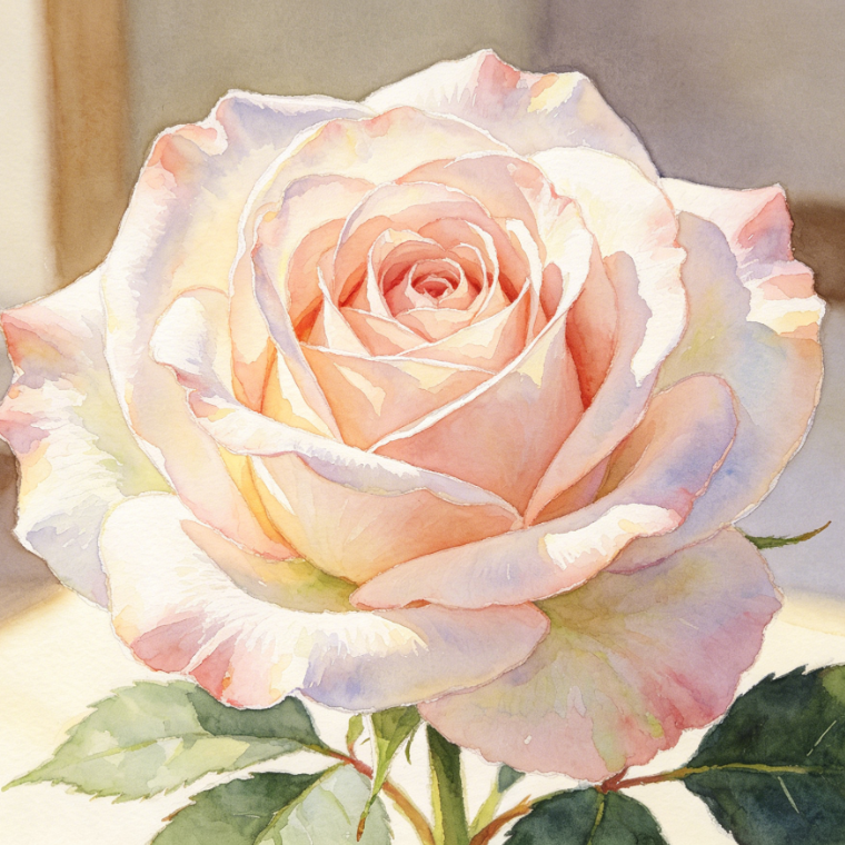 Light watercolor still life painting of a rose, close-up of a pink and white gradient rose, natural blending of petal edges, transparent and elegant colors, soft light from indoor side lighting creating gentle shadows, preserving petal layers and texture, fresh and healing