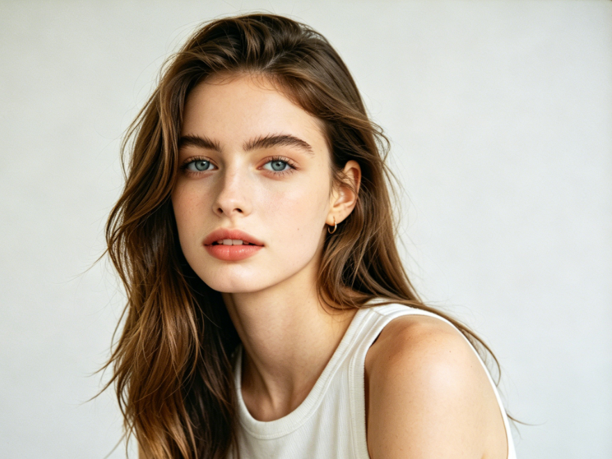 A half-length portrait of a young woman with wavy brown hair cascading naturally, wearing a white sleeveless top and a small gold earring. The image is overlaid with delicate film grain texture, featuring a slightly warm yellow tone and subtle vignetting at the edges, creating a vintage film photography feel and nostalgic atmosphere.