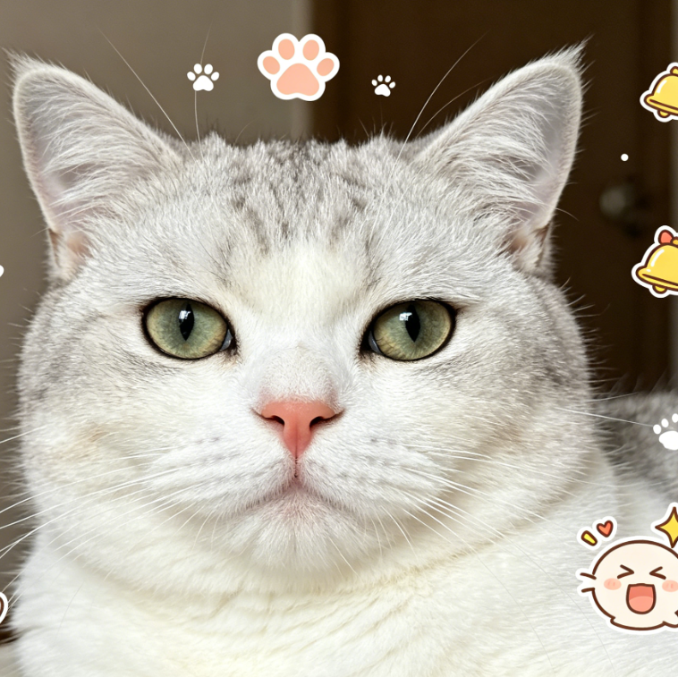 Close-up photo of a domestic cat, soft indoor lighting, simple composition, with cute stickers of paw prints, small bells, and cartoon expressions added around the pet to enhance the adorable vibe. The sticker textures match the lighting of the original image