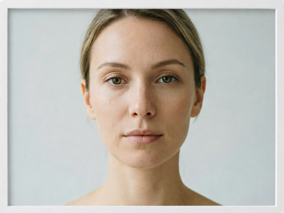 The same studio portrait with a simple thin white border, even border thickness, natural white space, subject unchanged, clean and high-end overall effect, 4:3 aspect ratio