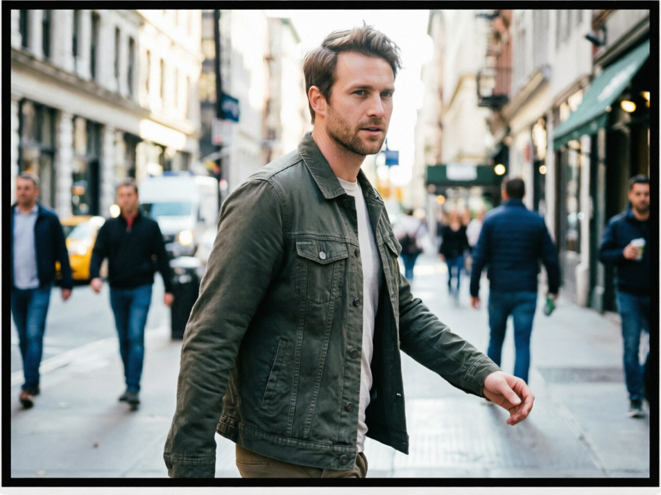 The same street portrait with a simple thin black border, enhancing the composition and focusing on the subject, with a vintage film texture, 4:3 aspect ratio