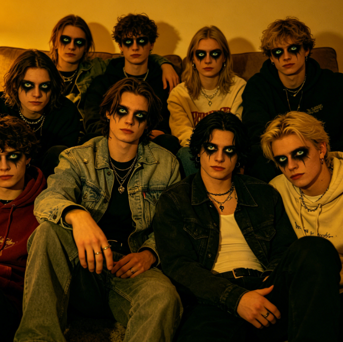 Group photo under warm indoor lighting, all members with AI Demon Eye filter. Eyes transformed into dark demon eyes with matching dark makeup, creating a strong contrast between warm yellow light and dark pupils, playful and creative style