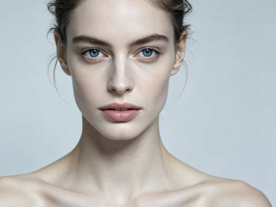 Studio portrait of a European woman, minimalist cool-toned background, delicate features, natural blue-gray eyes, clear skin texture, clean and realistic style, 4:3 aspect ratio