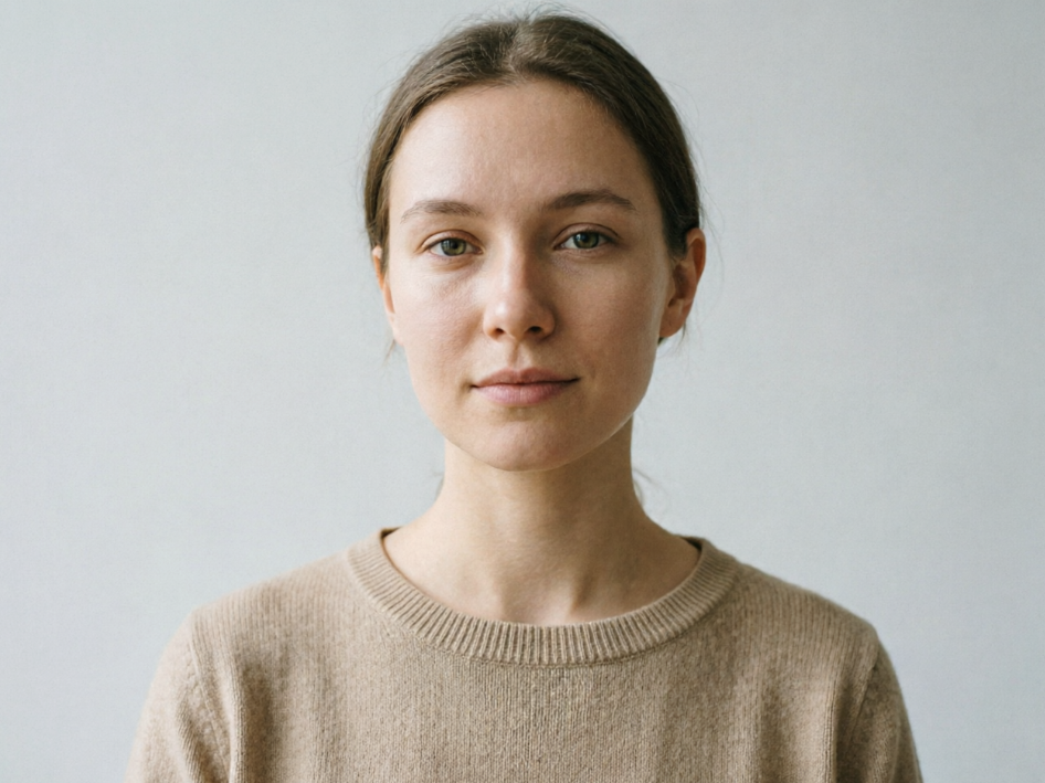 A front-facing half-length portrait of a young woman with dark hair tied back, wearing a beige crew-neck sweater against a plain light grey wall. The image is sharp and clear with soft, even lighting and natural colors, presenting a minimalist and modern high-definition portrait style.