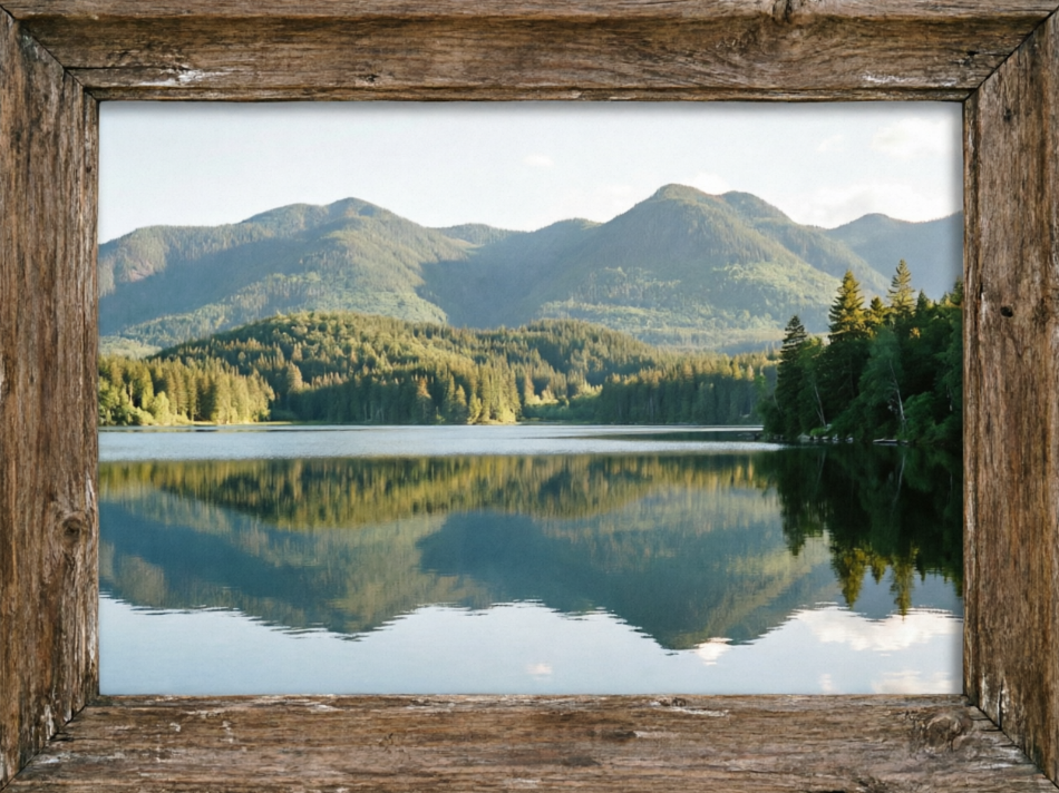 The same landscape photo with a vintage weathered wooden wide border, natural and rustic texture, perfectly blending with the natural scenery, full of artistic atmosphere, 4:3 aspect ratio