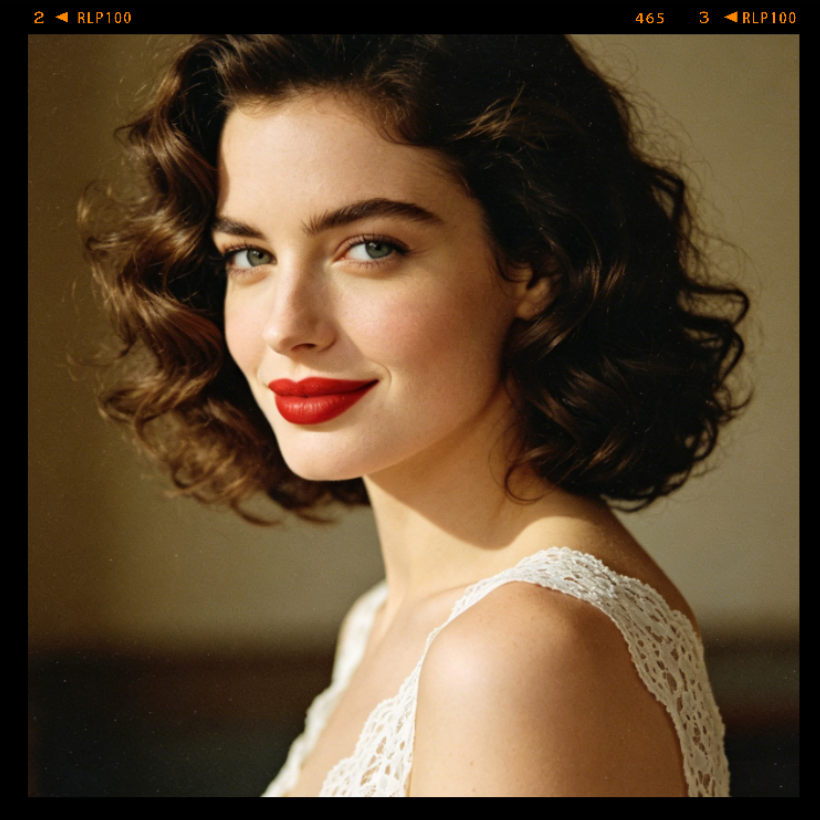 Vintage film-style portrait of a European woman, warm light, red lips and curly hair, framed with a black border with film parameter markings, replicating the effect of an old film camera, strong retro atmosphere