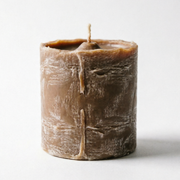 Still life photo of a brown scented candle, pure white background, clear surface texture and light and shadow layers on the candle, complete outline without ghosting, suitable for product display