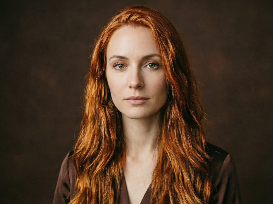 The same studio portrait with AI caramel ginger hair filter applied, hair color changed to retro caramel ginger, showing delicate shine under studio warm light, calm and elegant hair color, suitable for formal professional style, 4:3 aspect ratio