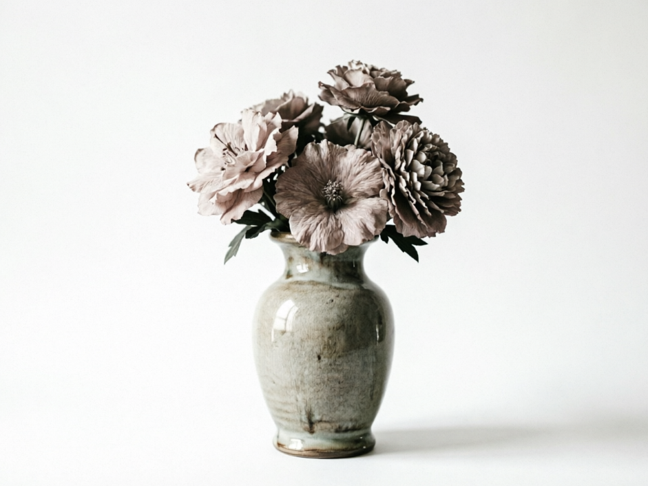 The same ceramic vase with flowers, background replaced by pure white, clear presentation of the vase's glaze texture and petal layers, complete outline without ghosting, clean and minimalist image, suitable for home decor product display, 4:3 aspect ratio