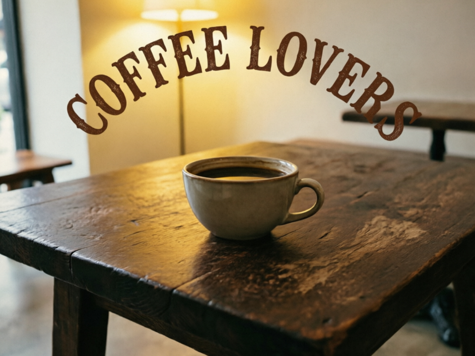The same café photo with curved dark brown vintage serif text "COFFEE LOVERS" added at the top, distressed font style, suitable for retro poster design, not obscuring the coffee cup subject, 4:3 aspect ratio