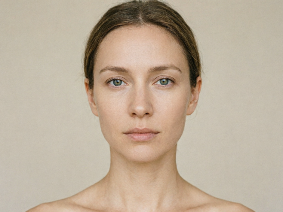 Photorealistic studio portrait of a European woman, soft indoor light, light beige background, clear skin texture, clean and unadorned image, suitable as an avatar template, 4:3 aspect ratio