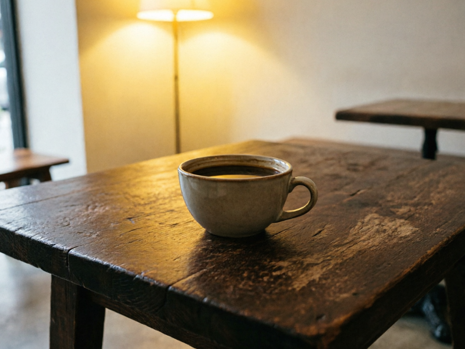 Photorealistic café scene photo, coffee cup close-up on a wooden table, warm yellow light creating a cozy atmosphere, weathered wood table texture, clean and unadorned image, 4:3 aspect ratio