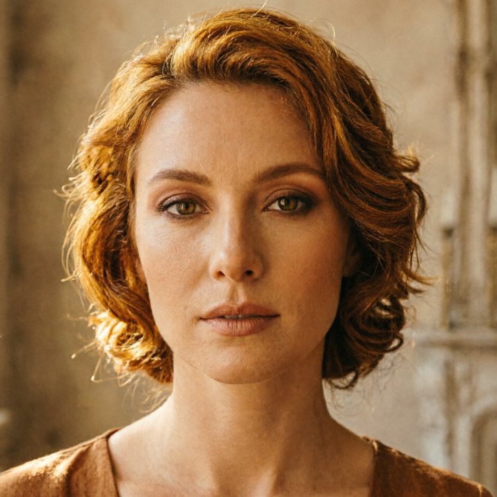 Vintage-style close-up portrait of a European woman, AI ginger hair filter applied, hair color changed to low-saturation retro copper ginger, clear texture on short curly hair, high-end hair color texture under warm light, matching the retro atmosphere