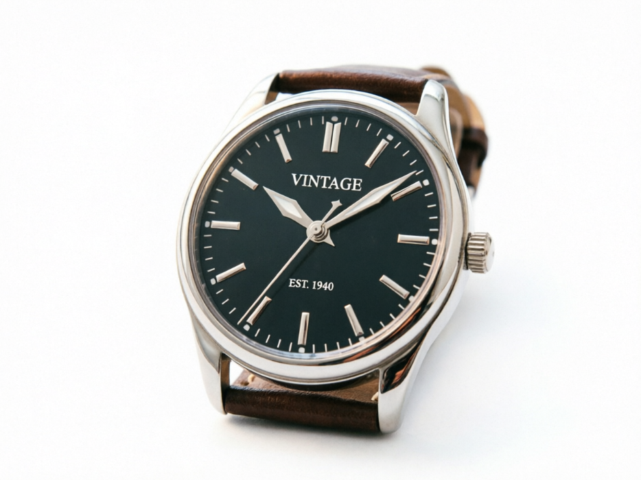 The same vintage watch with the background replaced by pure white, retaining all details of the dial text and leather strap, clean edges without burrs, complete light and shadow layers, standard e-commerce white background product image, 4:3 aspect ratio