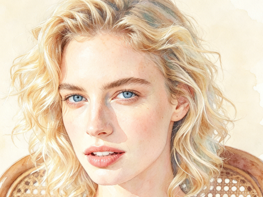 Light watercolor portrait of a European woman, preserving facial features, natural blending of hair and skin edges, fresh and transparent tones, watercolor paper texture enhancing the feel, soft and healing overall, 4:3 aspect ratio