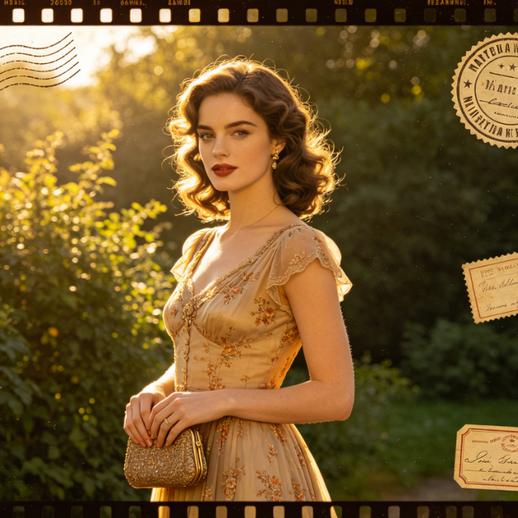Vintage film-style portrait of a Caucasian woman, shot outdoors in backlight with retro clothing and greenery background. Stickers of vintage postmarks, film borders, and old labels are added to enhance the retro aesthetic, with the worn texture of the stickers matching the image style