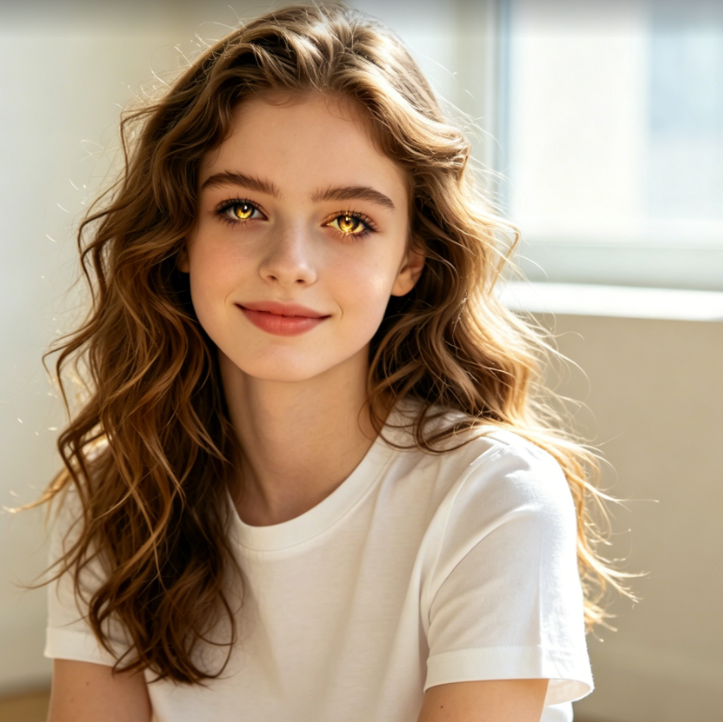 Bright indoor portrait of a young girl with AI Demon Eye filter applied. Eyes transformed into golden demon eyes with patterns, glowing faintly, creating a strong contrast between the fresh scene and dark pupils