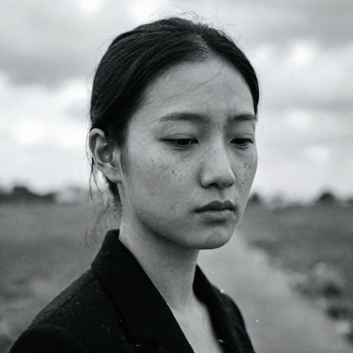 Half-body portrait of an Asian man in warm indoor light, wearing a beige knit sweater, with a cozy home background, fine warm-toned film grain added, vintage soft light texture, strong moody atmosphere