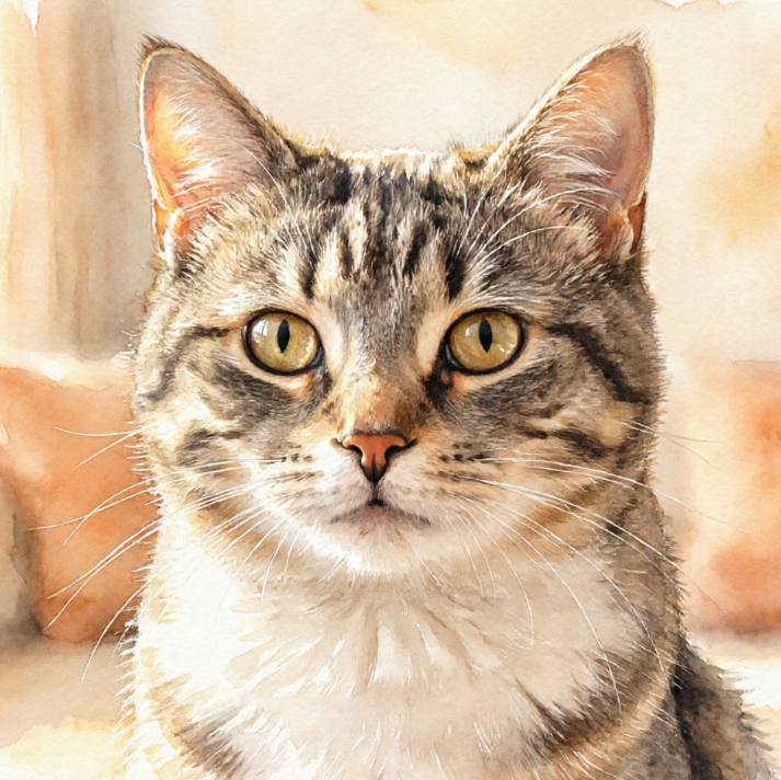 Watercolor portrait of a cat close-up, tabby cat looking directly at the camera, natural blending of fur edges, soft and warm light, preserving the cat's expression and fur texture, light watercolor effect, warm and healing overall