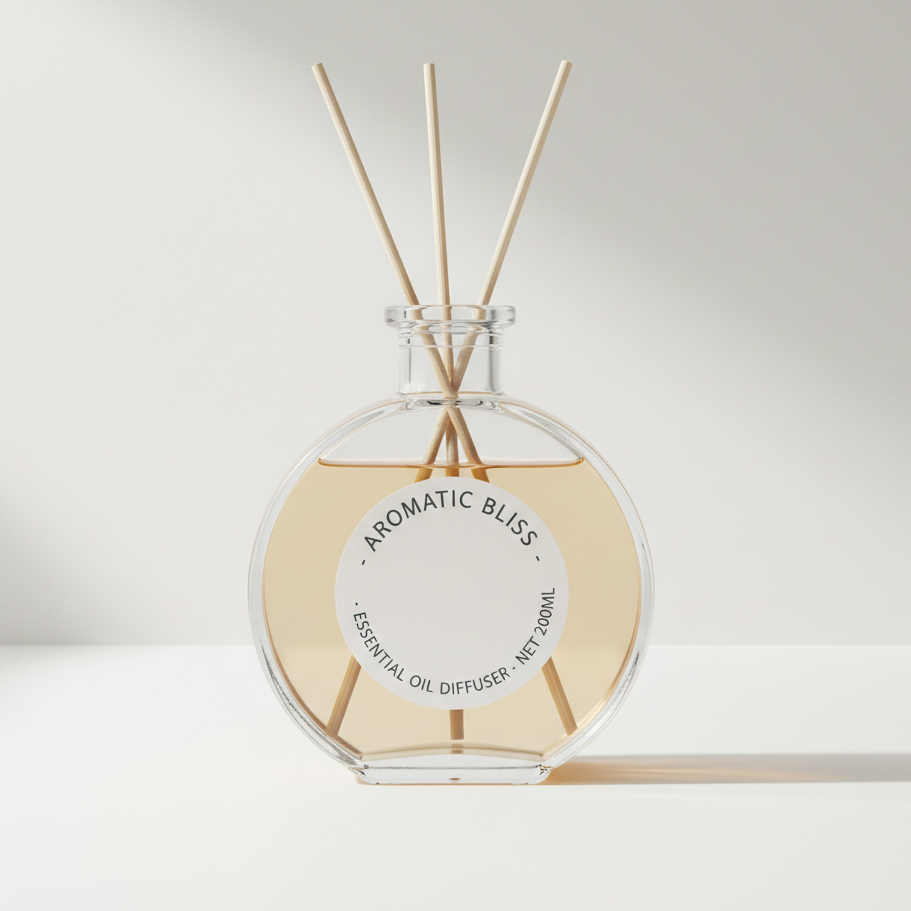 Product photo of a reed diffuser, transparent bottle with light beige liquid, curved text "AROMATIC BLISS" and product information arranged in a circular arc on the bottle label, simple and modern font, suitable for product label design