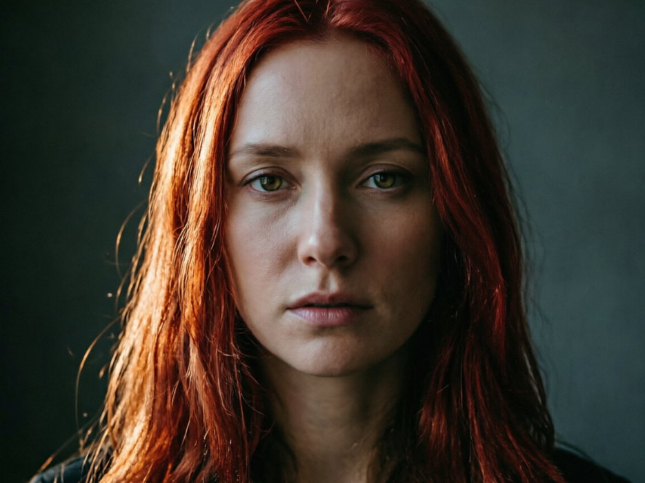 The same emotional portrait with AI ginger red hair filter applied, hair color changed to rich copper ginger, retaining natural shine in low-key light, perfectly integrated with the side light, smooth hair edge transitions, consistent atmosphere, 4:3 aspect ratio