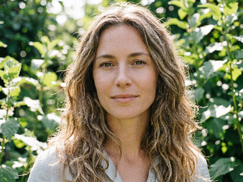 Close-up portrait of a European woman outdoors, green plant background, natural light photography, natural curly hair details and skin texture, fresh and bright image, 4:3 aspect ratio
