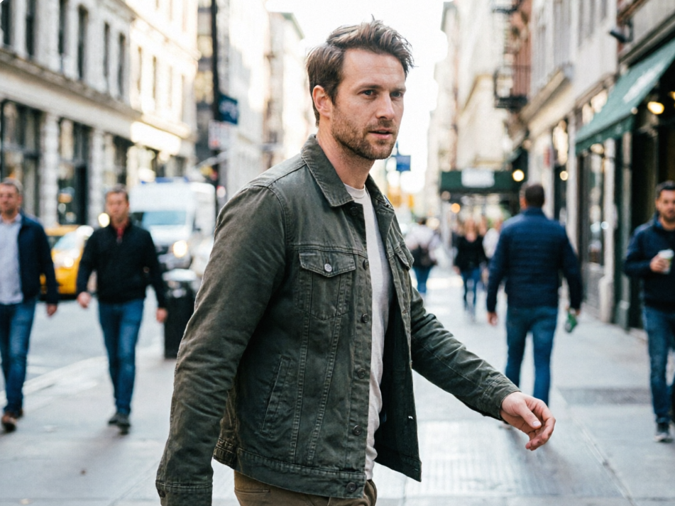 Street-style half-body portrait of a European man, natural outdoor light, New York city background, casual workwear outfit, candid shot, original photo without frame, 4:3 aspect ratio