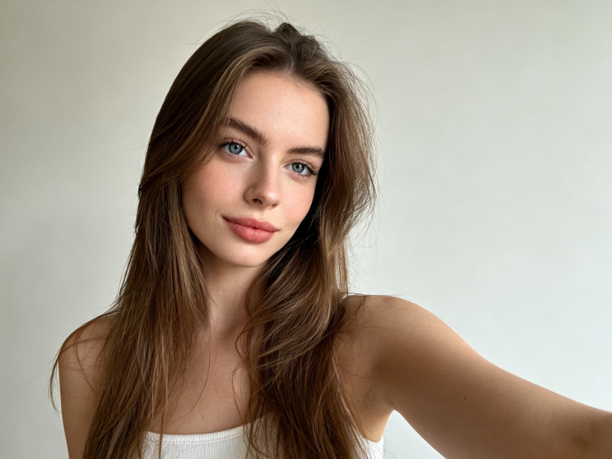 Casual indoor selfie of a Caucasian woman, soft lighting, simple outfit, plain background, clean and unadorned image, 4:3 aspect ratio photography