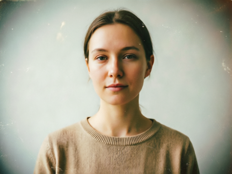 A front-facing half-length portrait of a young woman with dark hair tied back, wearing a beige crew-neck sweater. The image is overlaid with distinct vintage film grain and vignetting, featuring slight scratches and light leak textures. The warm yellowish tone creates a strong nostalgic and artistic atmosphere.